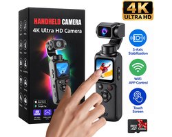 Digisand Pocket Camera 4K Ultra HD – Action Camera – 64MP Fotocamera – 18x Digitale Zoom – Vlog Camera met 330° Draaibare Lens, Gezichtstracking, 1,7-inch Touchscreen, WiFi, Mini-statief en 128GB SD-kaart