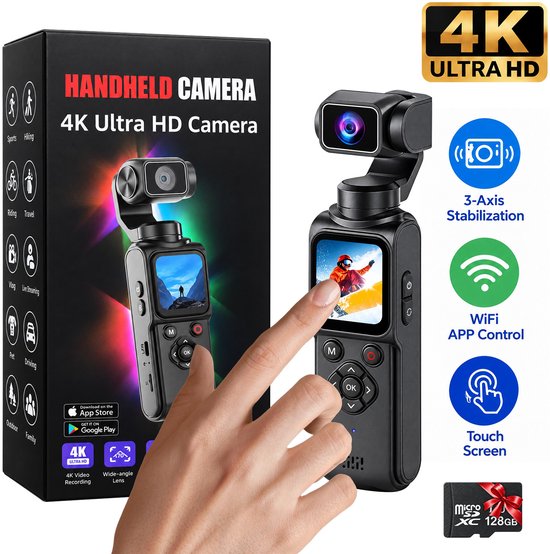 Digisand Pocket Camera 4K Ultra HD – Action Camera – 64MP Fotocamera – 18x Digitale Zoom – Vlog Camera met 330° Draaibare Lens, Gezichtstracking, 1,7-inch Touchscreen, WiFi, Mini-s…