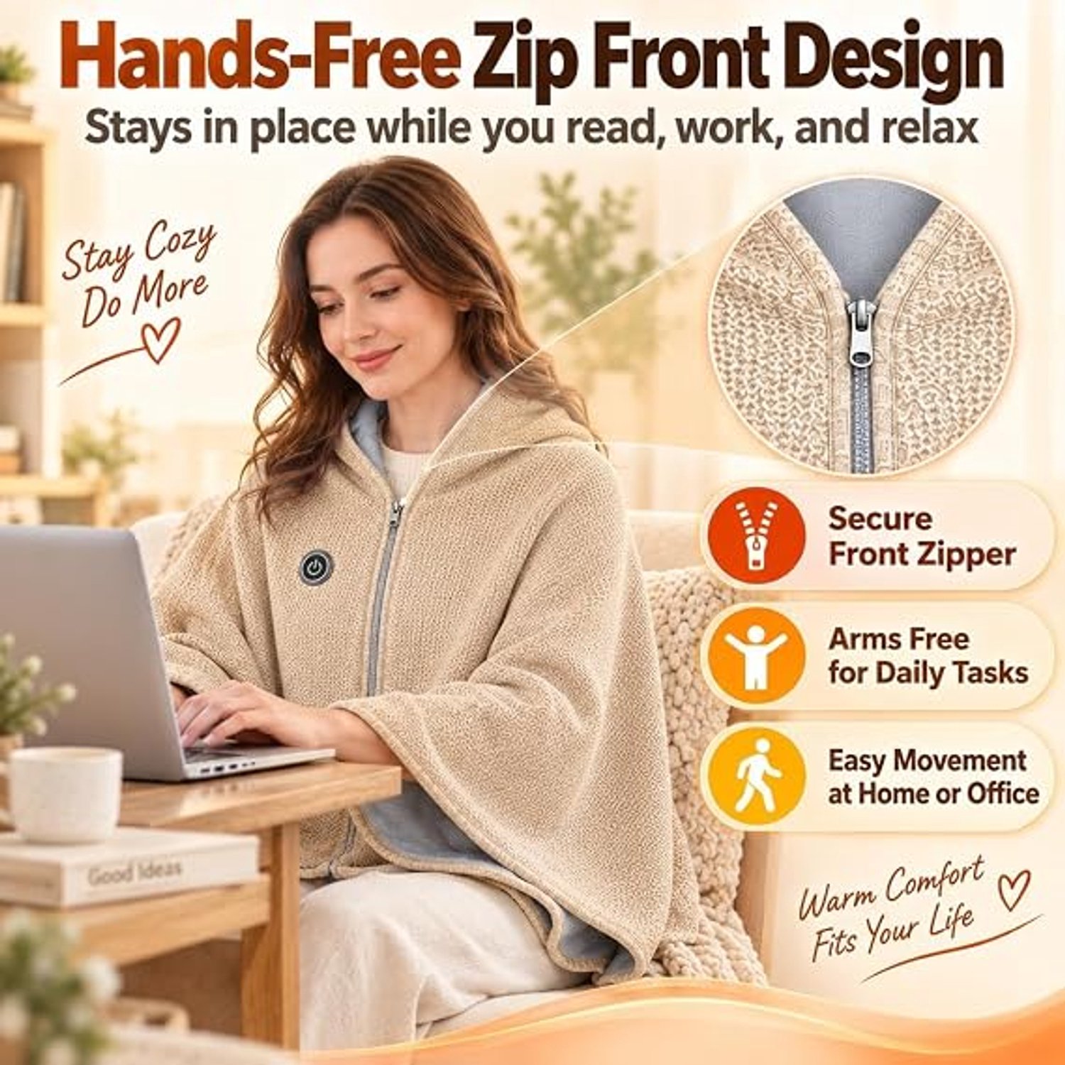 Elektrische Deken - 1 Stuk - 150× 80cm - Verwarmde Omslagdoek - 3 Standen - Oplaadbare Elektrische Deken - USB-Oplaadbaar - Ritssluiting - Winter Verwarmaccessoire - Geschikt Voor Thuis, Op Kantoor, Op Reis En Voor Ontspanning - Beige – foto 3