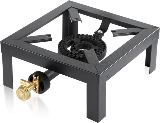 Zwart vierkant campinggasstel met één gietijzeren brander en messing gasregelknop.