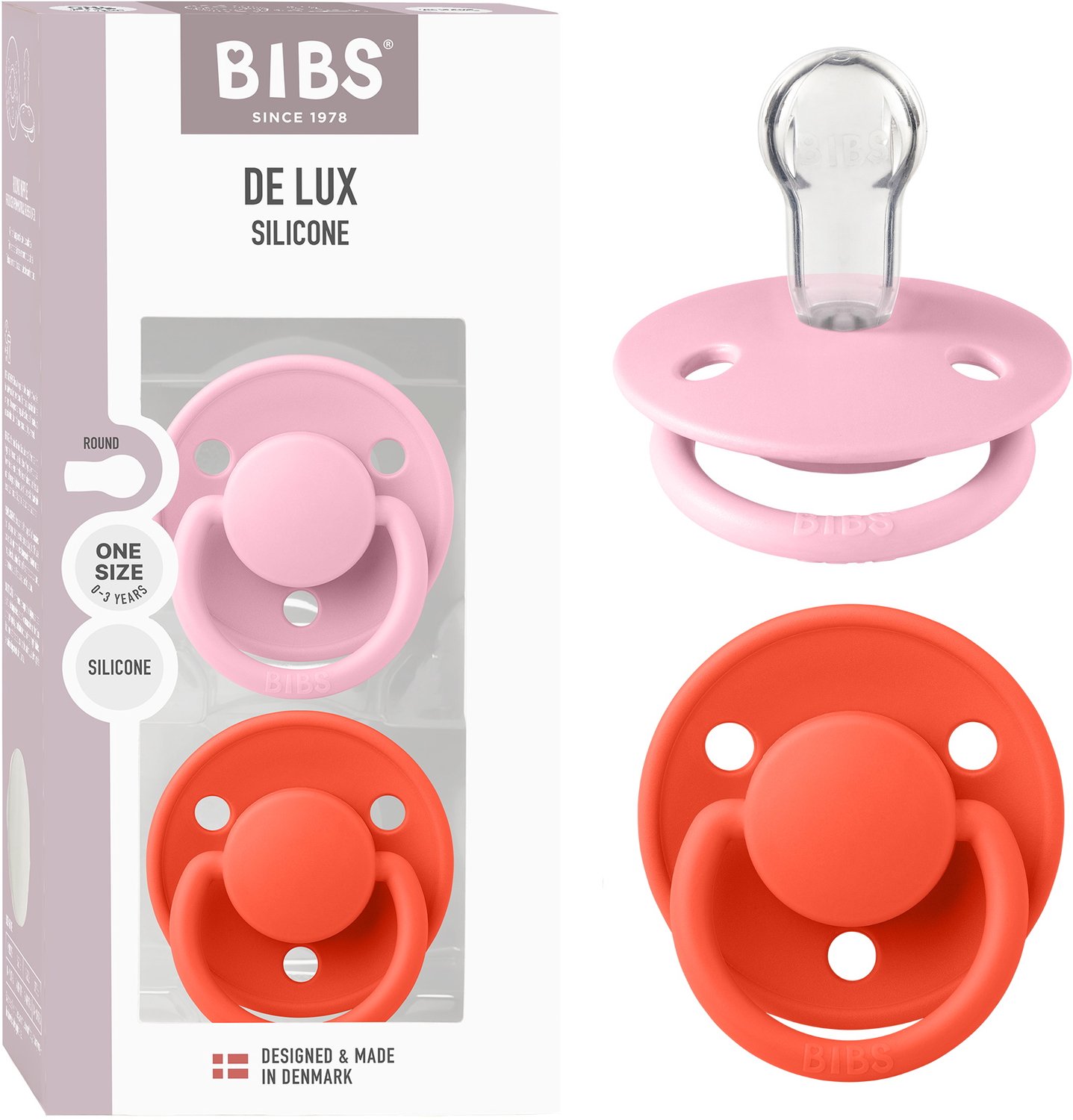 BIBS De Lux Fopspeen - 0+ mnd - 2-pack - Rond - Baby Pink/Tango