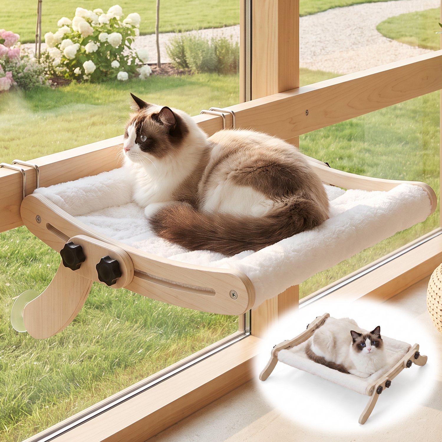Kattenhangmat - 2-in-1 houten kattenbed - Hangend kattenbed - hangbed - hangmat - zonder boren aan meubelrand of vrijstaand - 49 x 47 x 12 cm - witte pluche bekleding - naturel hout