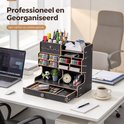 Zwarte bureau-organizer met tekst "Professioneel en Georganiseerd" voor op kantoor.