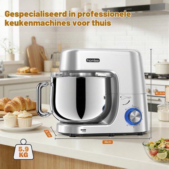 Keukenmachine 2000W kneedmachine 5,5L deegmachine 6-traps snelheid mixer — afbeelding 4