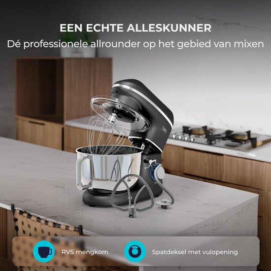 Keukenmachine - 2000W - RVS Mengkom (6,2 L) - Keukenrobot - Mixer met Garde, Deeghaak en Menghaak - Incl. extra Accessoires – Zwart — afbeelding 4