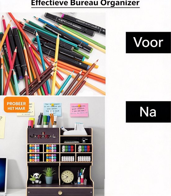 Vergelijking voor en na gebruik van de bureau-organizer met tekst "Effectieve Bureau Organizer".
