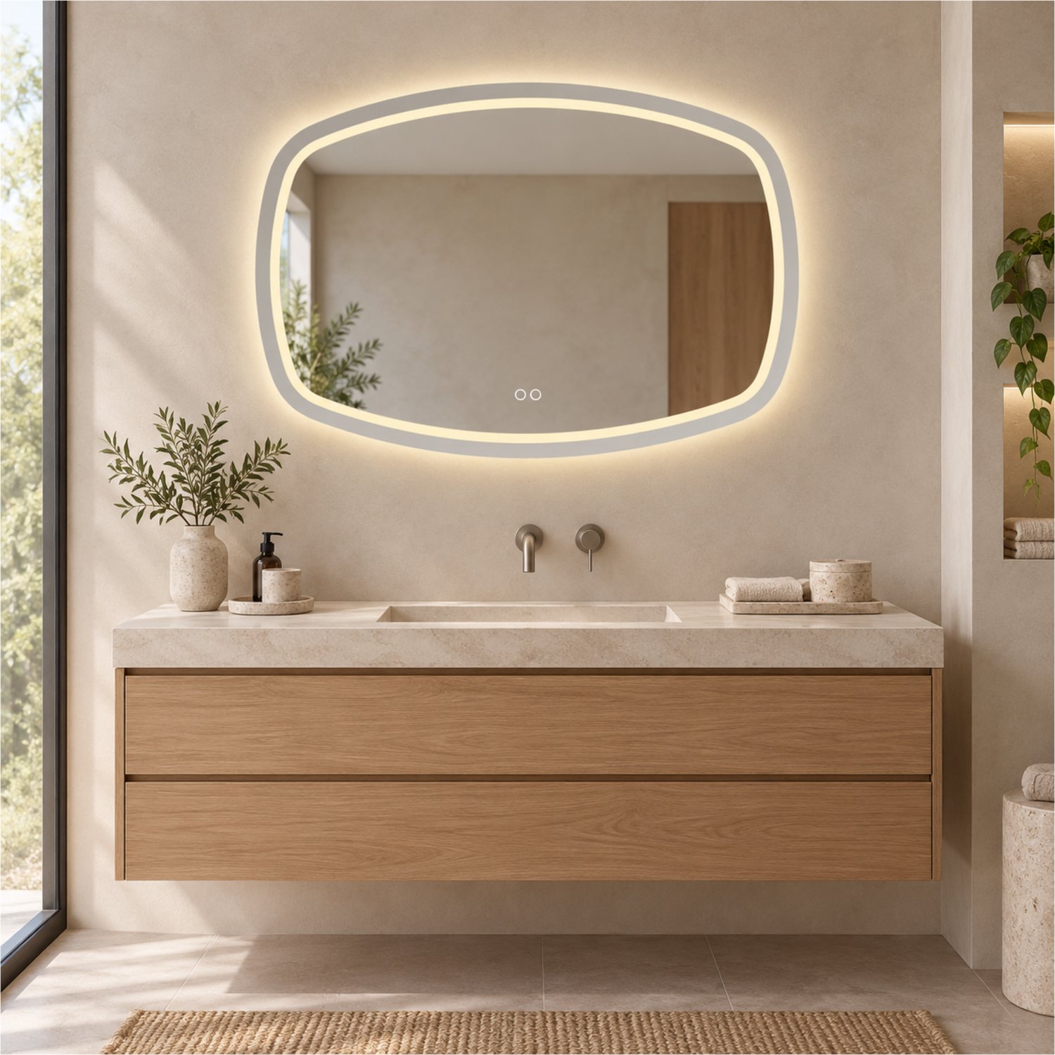 Lumora spiegel rechthoek met afgeronde hoeken met LED, dimbaar en spiegelverwarming 160 x 78 cm