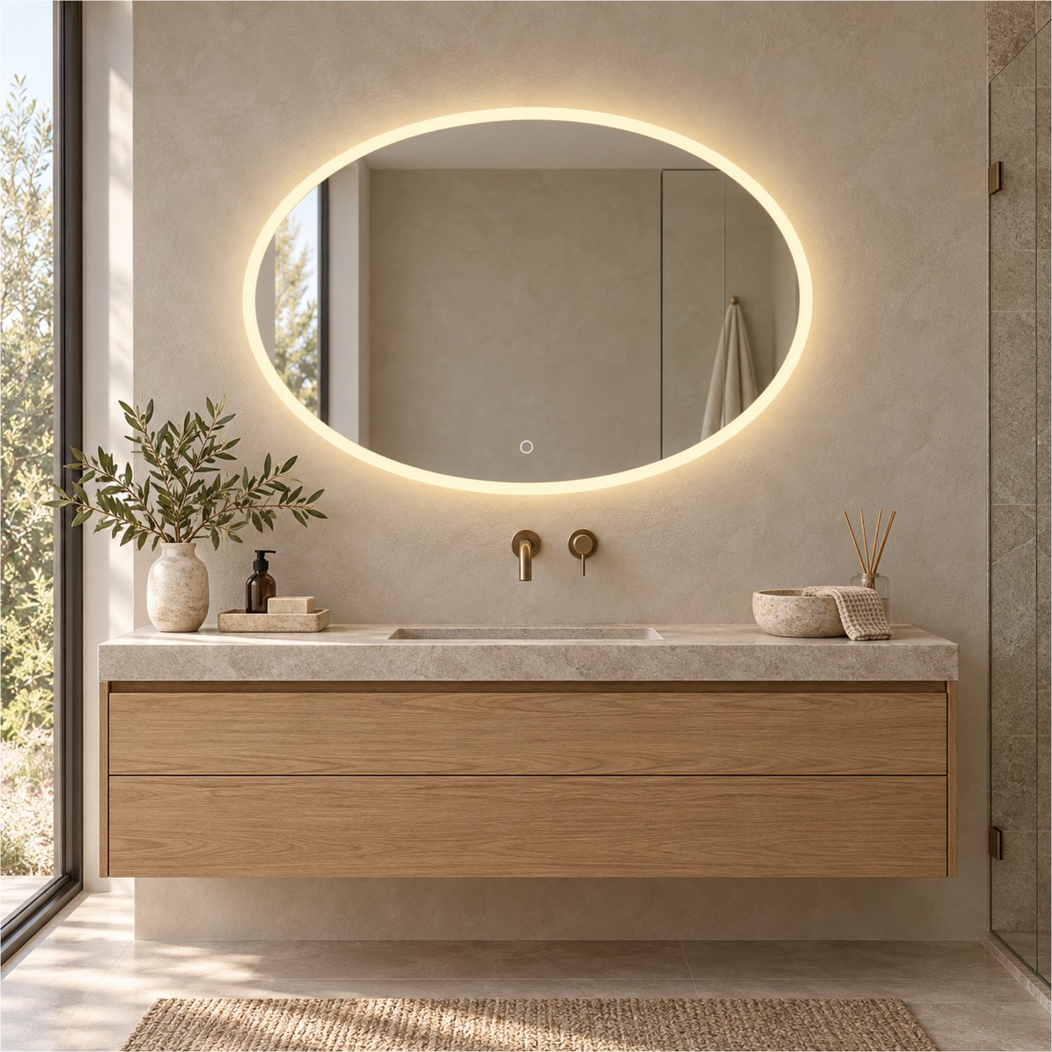 Oliva spiegel ovaal met LED, dimbaar en spiegelverwarming 140 x 70 cm