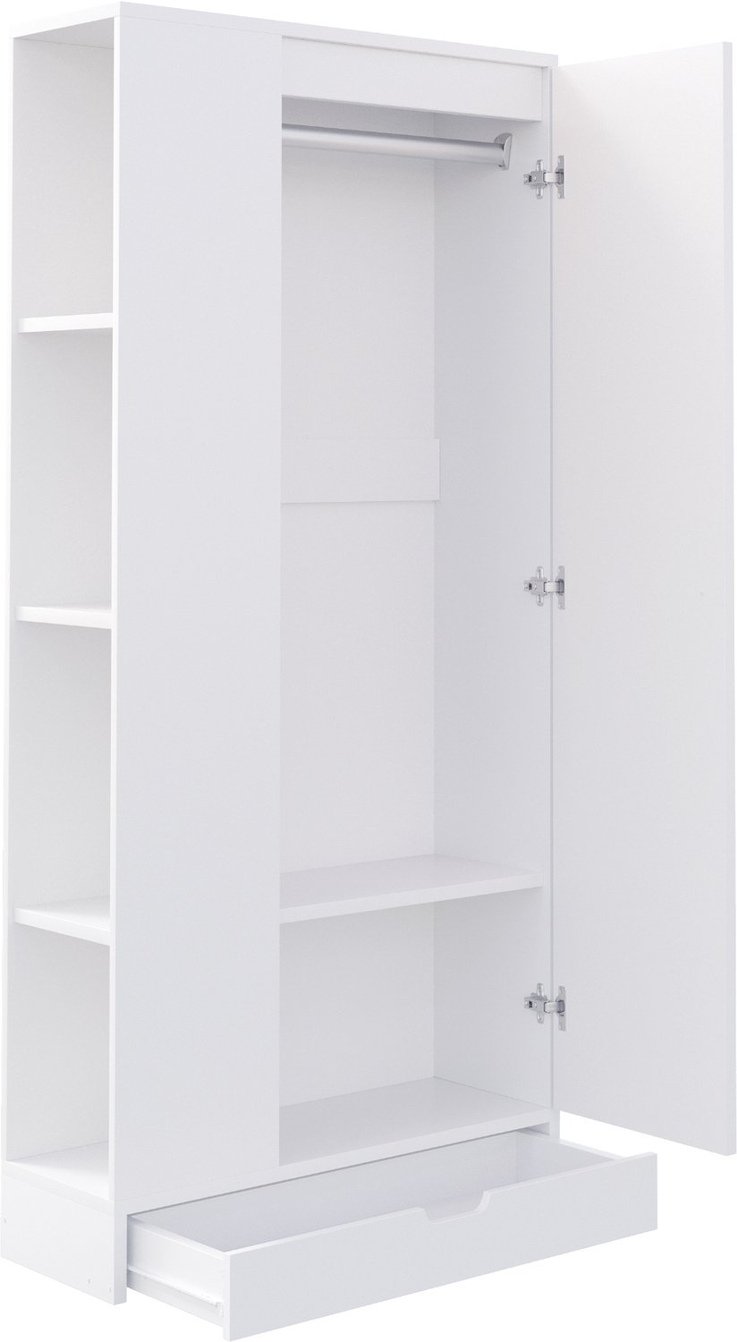 Kledingkast Met Legplanken En Lades - 70 x 40 x 170 cm - Eendeurs Met Draaideur - Verstelbare Indeling - Wit Hout En MDF Voor Slaapkamer