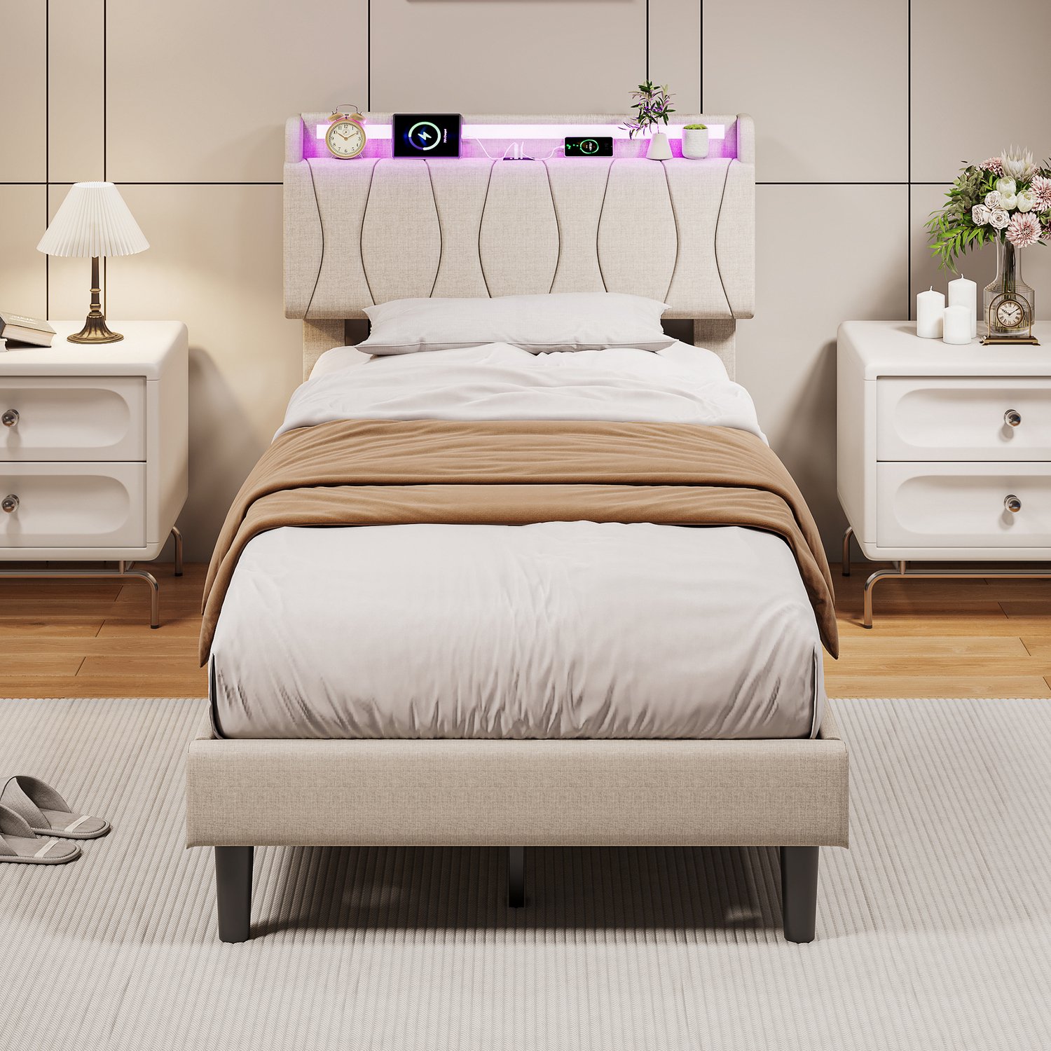 Gestoffeerd bed 90x200 cm, Eenpersoonsbed met Lattenbodem, hoofdbord met ledverlichting en USB- en Type-C-aansluiting, Beige Linnen, Zonder matras