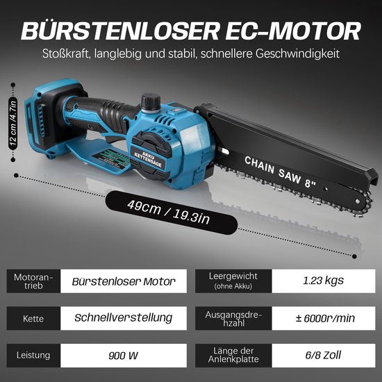 900W Accu Kettingzaag 6 + 8 inch Auto-Oliër 28000RPM 4000 mAh Borstelloze Motor Veiligheidsslot Mini Elektrisch handkettingzaag Compatibel met Makita 18V Accu Voor Tuin Boomsnoeien Hout — afbeelding 2