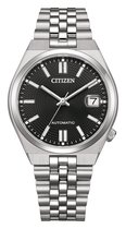 Citizen horloge met zwarte wijzerplaat, datumvenster, zilveren kast en schakelband, tekst: CITIZEN AUTOMATIC.