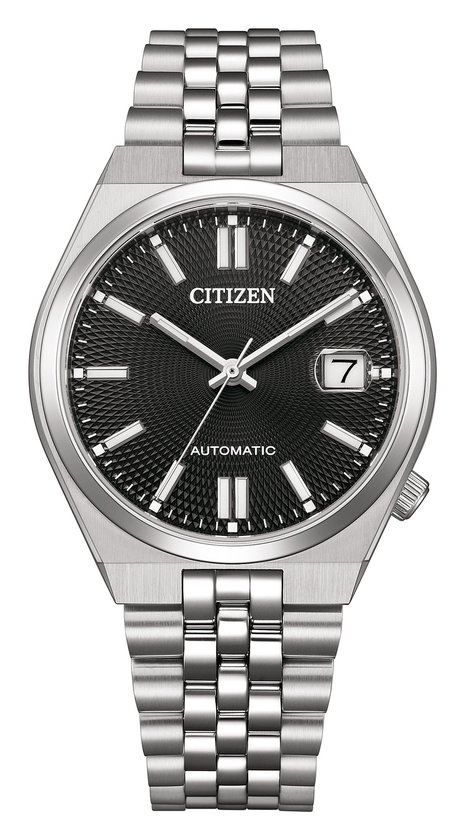 Citizen horloge met zwarte wijzerplaat, datumvenster, zilveren kast en schakelband, tekst: CITIZEN AUTOMATIC.