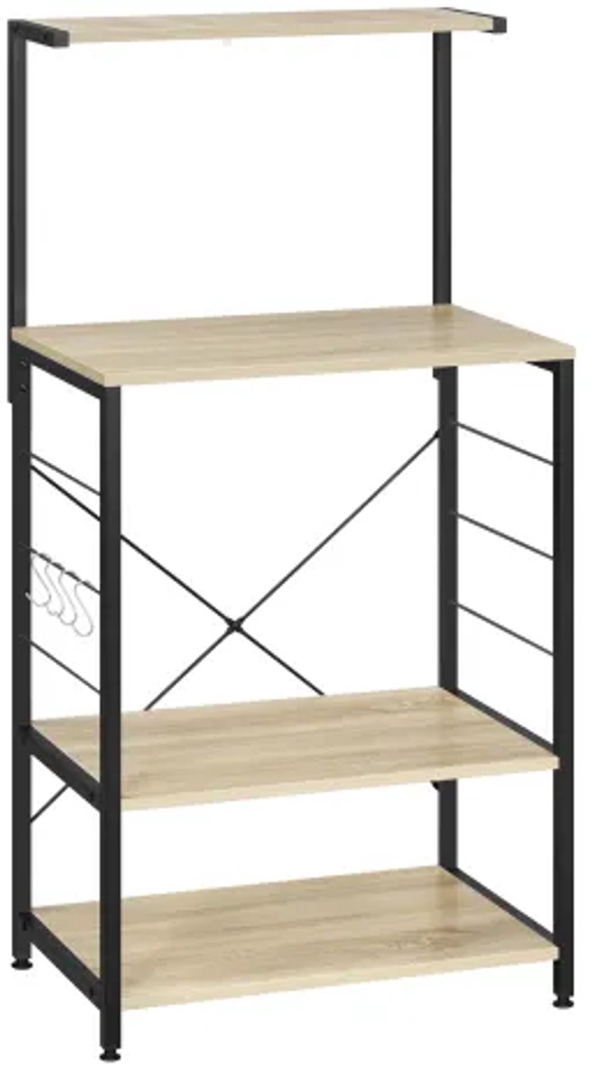 Keukenrek voor magnetron met 3 niveaus, bakkiersrek in licht eiken met zwart stalen frame, 60 × 40 × 123 cm