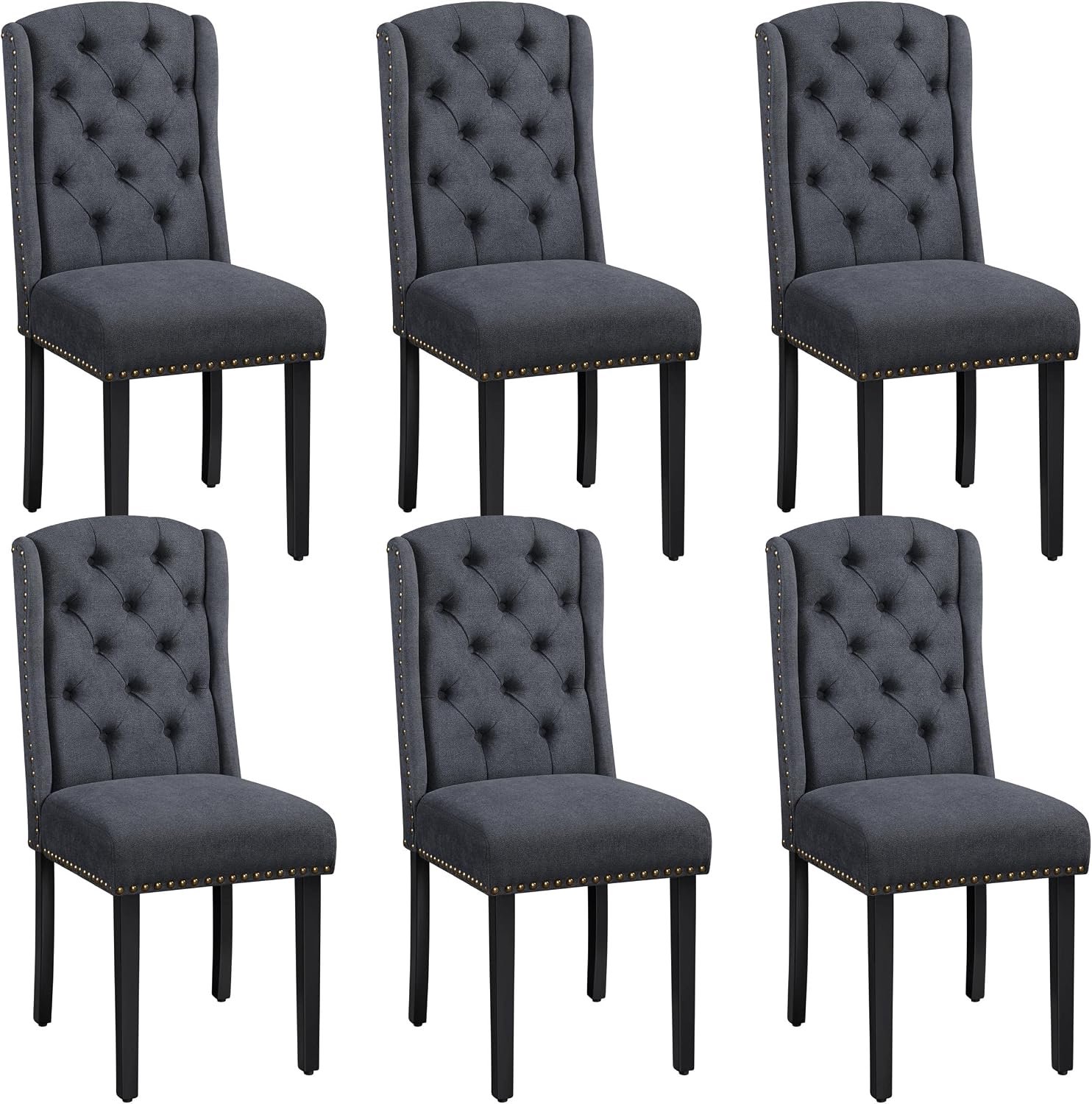 Set van 6 Luxe Eetkamerstoelen met Vleugelrugleuning en Knopenpatroon – Gestoffeerde Keukenstoelen van Donkergrijze Polyester met Zwarte Houten Poten, Nagelkopdecoratie, Rubberen Houten Frame en Draagvermogen van 140 kg – 46,5 x 63 x 104 cm