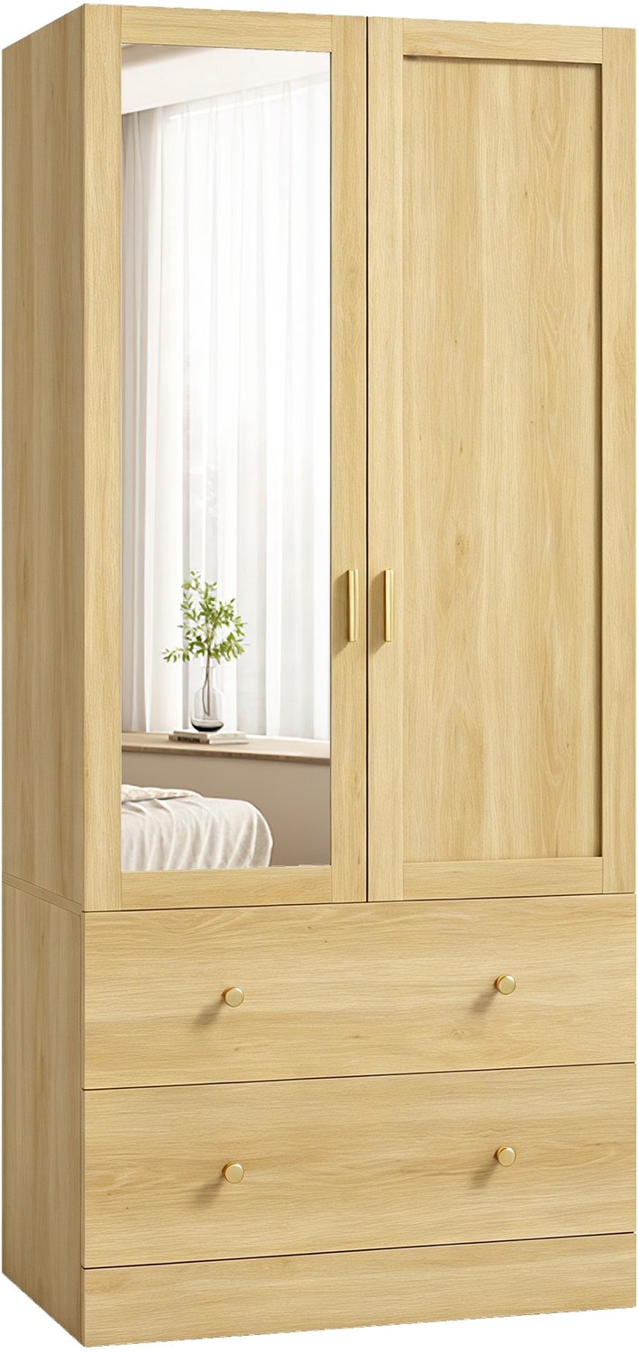 ECTEATOY Kledingkast - met Spiegel 2 Deuren 2 Laden Eiken - 80 x 50 x 180 cm Natuurlijke kleur