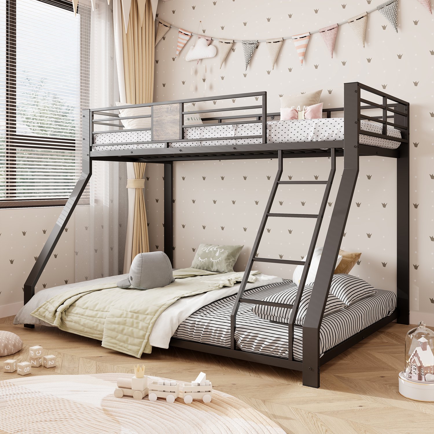 PHOEBE CAT Stapelbed - 90 x 200 cm & 140 x 200 cm - Metalen bed - Ladder links of rechts te monteren - Valbeveiliging - Zwart