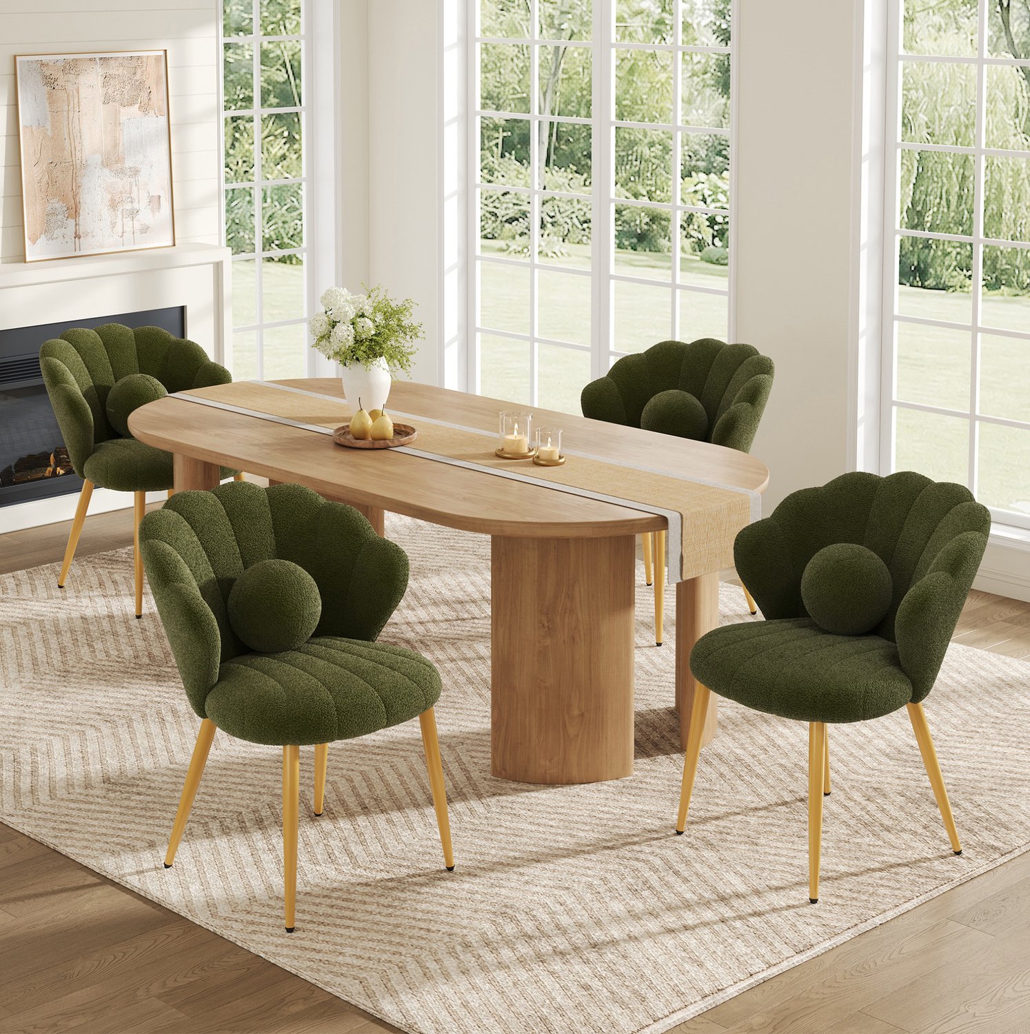 OKWISH Eetkamerstoel - Set Van 4 - Kuipstoel Met Armleuningen - Teddystof - Groen