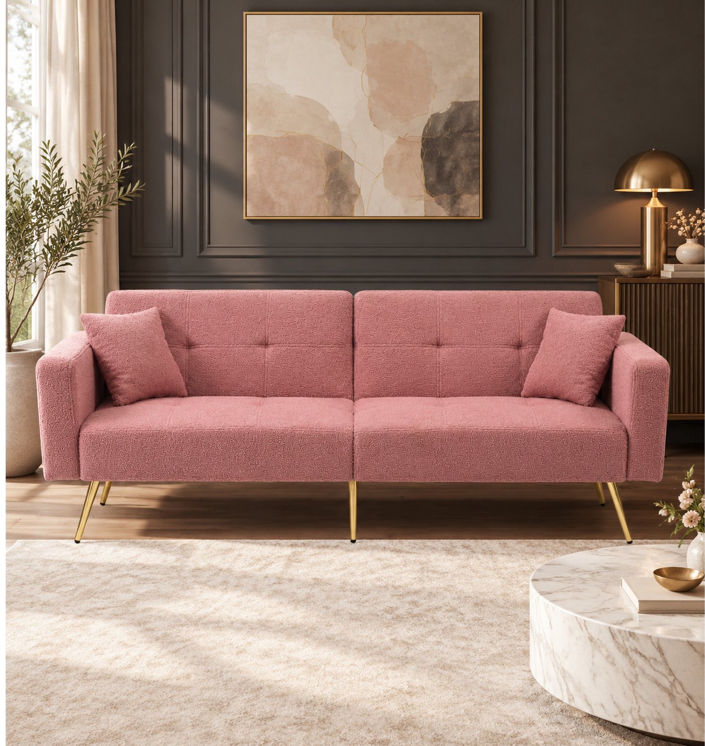 WUVRIE 2-zits slaapbank 175x64x72 cm - Verstelbare rugleuning en zijvakken - Roze