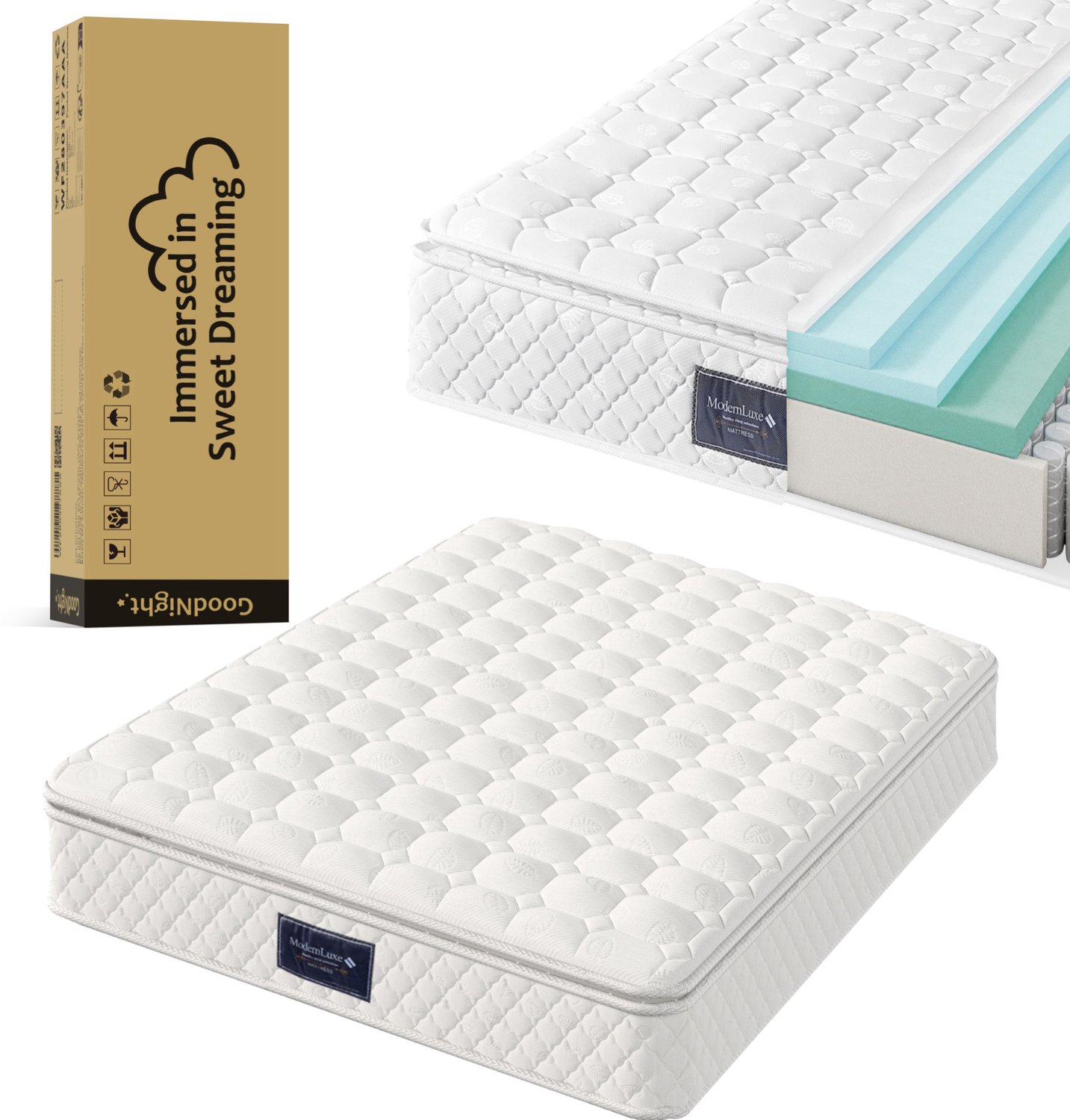 Pocketveringmatras 160x200 cm - H3, 7 zones, 25 cm, polyester, wit