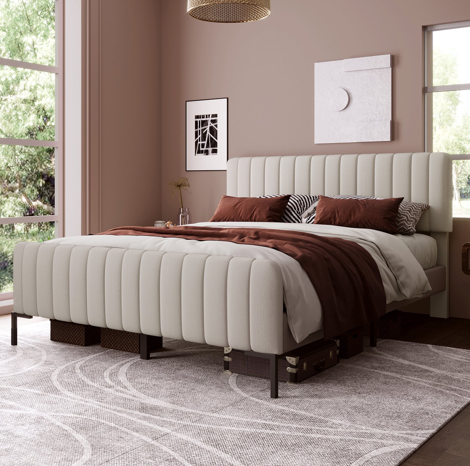 MODENUIT Tweepersoonsbed – 140 x 190 cm – Verstelbaar Hoofdbord – Stof En Metaal – Licht Beigegrijs – Lattenbodem