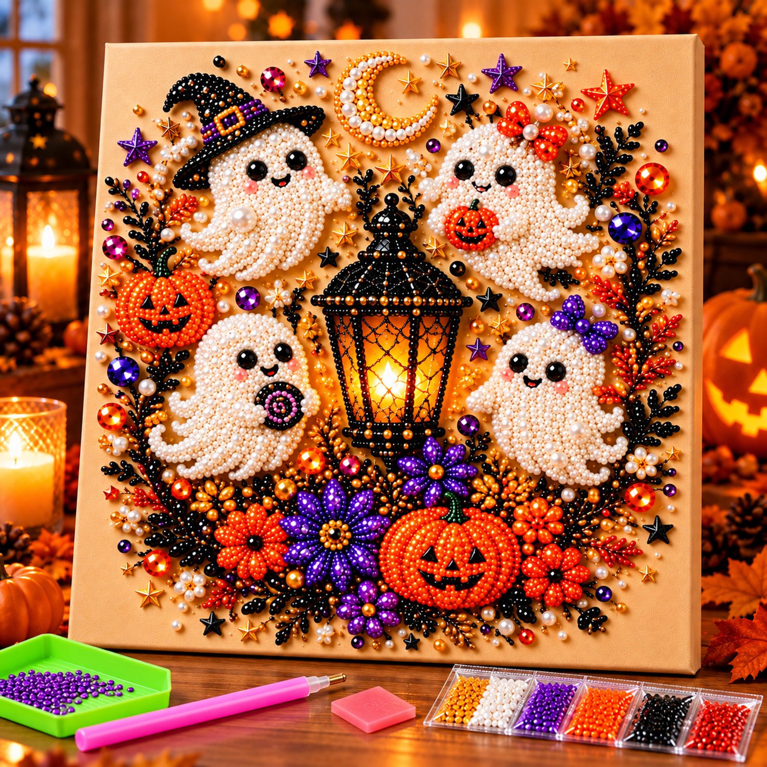 PulseOne - Halloween diamond painting - diamond painting volwassenen - parel diamond painting met lijst - DIY hobby knutsel - Halloween decorations - decoratie - huis decoratie - wanddecoratie - spook - pompoen - herfstdecoratie - cadeau - creatief