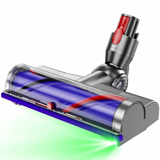 Grijze Dyson vloerzuigmond met roterende blauwe borstelrol, rode ontgrendelingsknop en groen licht aan de voorzijde.