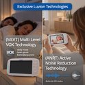 Luvion babyfoon met VOX-slaapmodus en actieve ruisonderdrukking op een wit scherm.