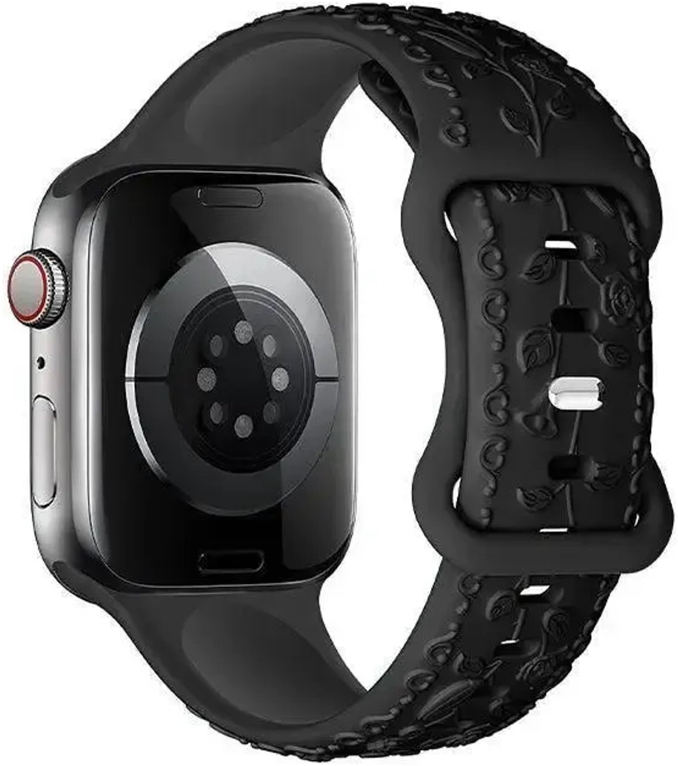 Hoco Siliconen Sportbandje met 3D Bloemen Reliëf - Zwart - Geschikt voor Apple Watch Series 12, 11, 10, 9, 8, 7, 6, 5, 4, 3, 2, 1 en SE - 42 mm, 41 mm, 40 mm en 38 mm - Kleine Maat - iWatch Horlogebandje met Pin en Gaatjes voor Dames en Heren