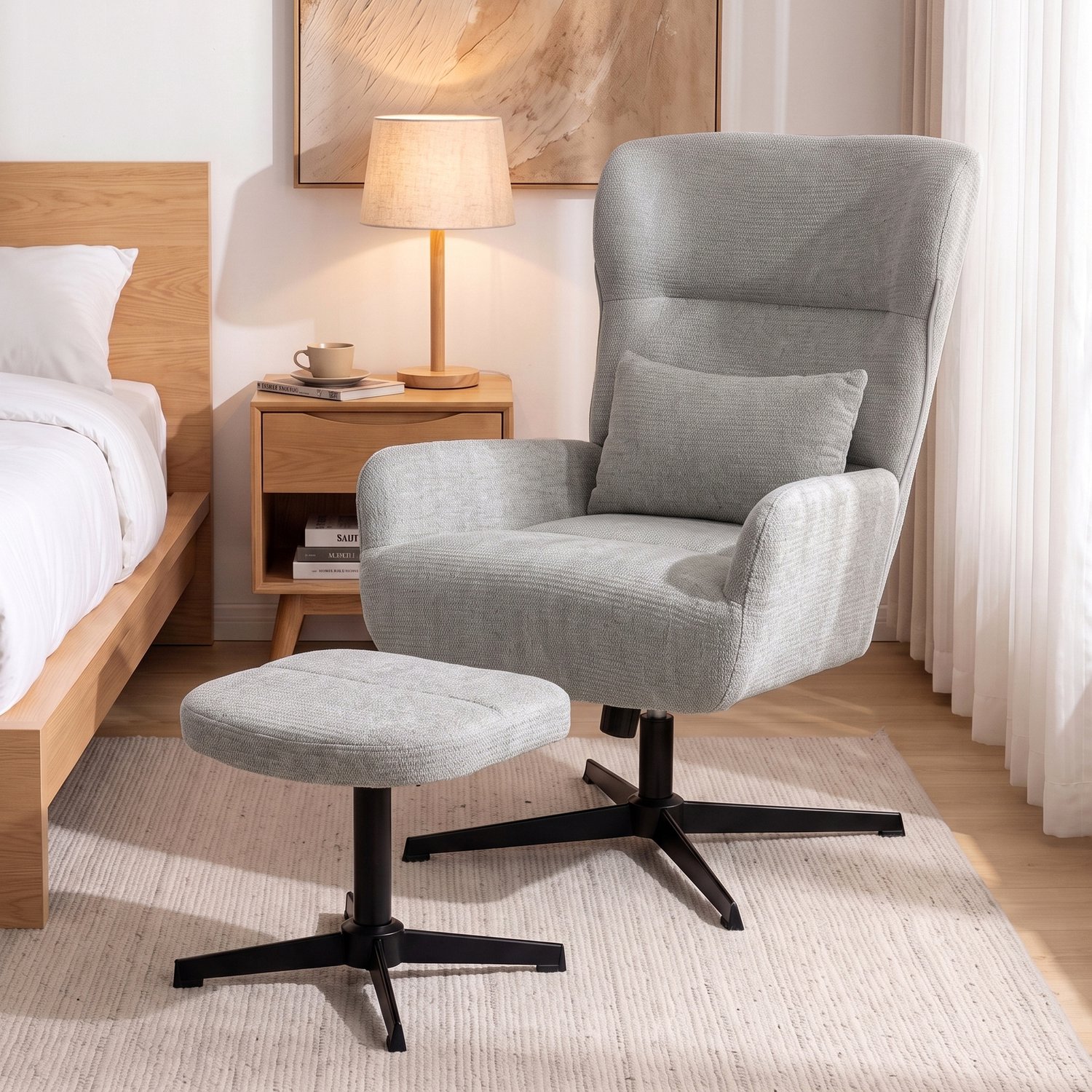 MUVANO Draaibare Loungesessel - Hoogte Verstelbaar van 43 tot 49 cm - Zachte Chenille Bekleding - Ondersteuning voor Onderrug en Benen - 63 cm Rugleuning - Comfortabel voor Lezen en Ontspannen Grijs