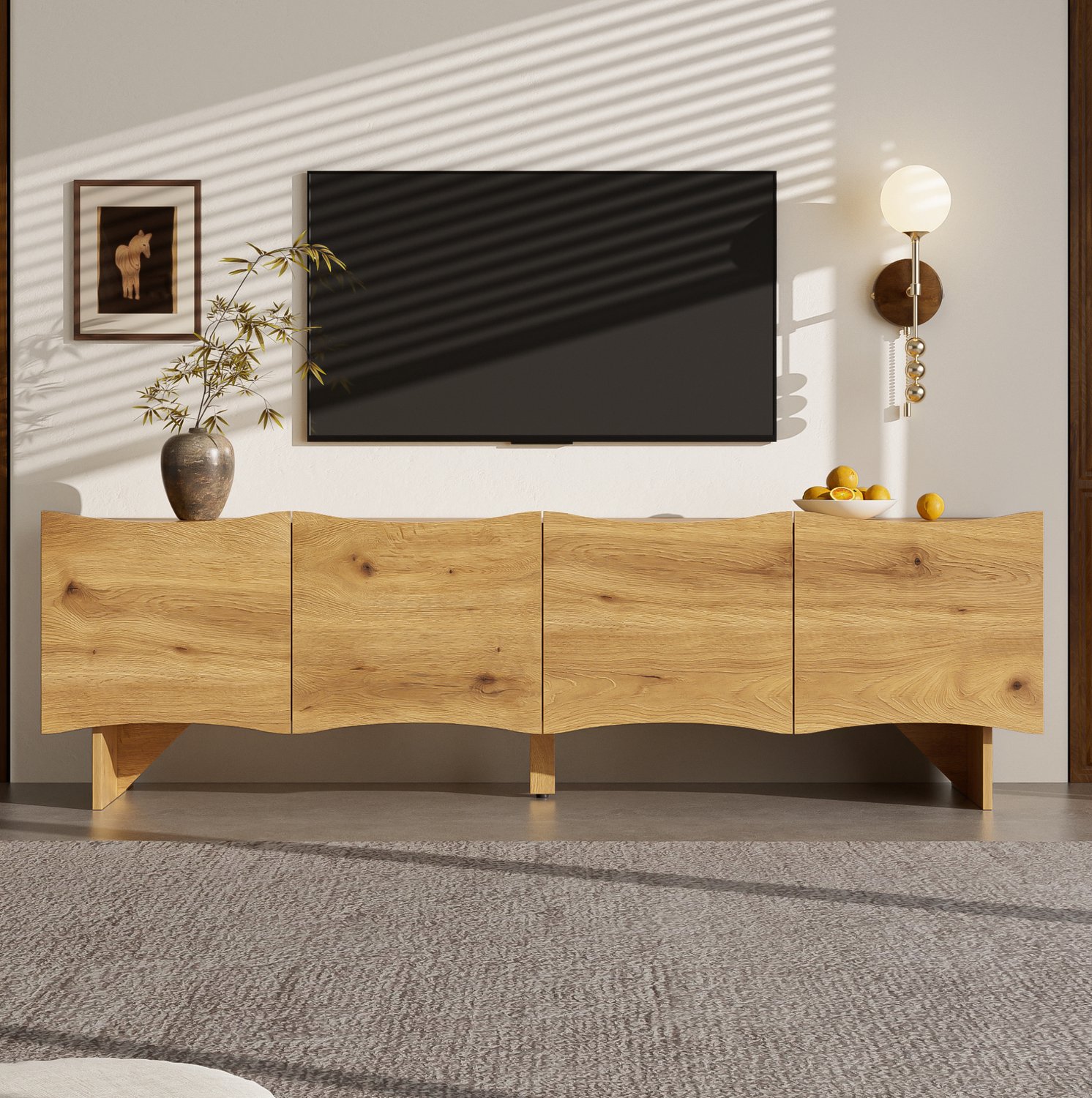 Maisentiel TV-meubel 155 x 36 x 47 cm – 4 deuren met kabeldoorvoer, houtlook naturel