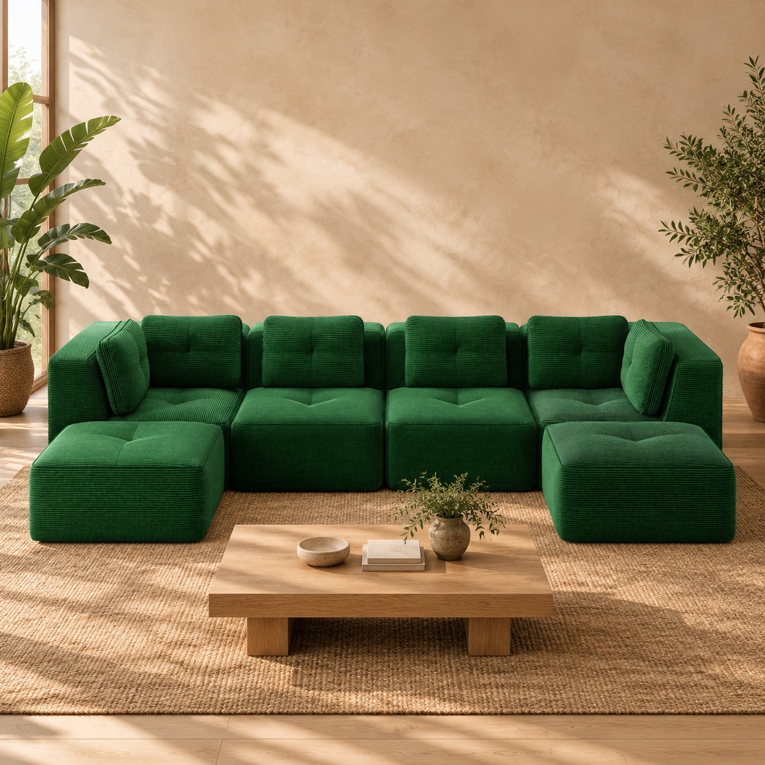 WUVRIE Modulaire U-bank 386x177 cm - Met ottomanes, ribstof en antislip onderzijde - Groen