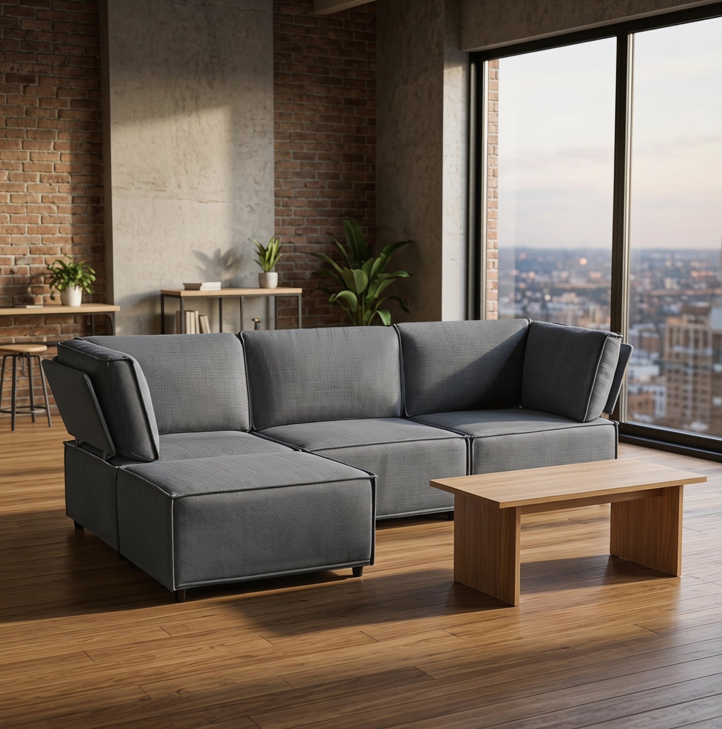 Wishdor Modulaire hoekbank met slaapfunctie - Vrij indeelbare opstelling - 4-zits zitcomfort - Scandinavisch en basic - Woonkamer en logeerkamer - Linnen - Donkergrijs - 238 x 154 x 75 cm