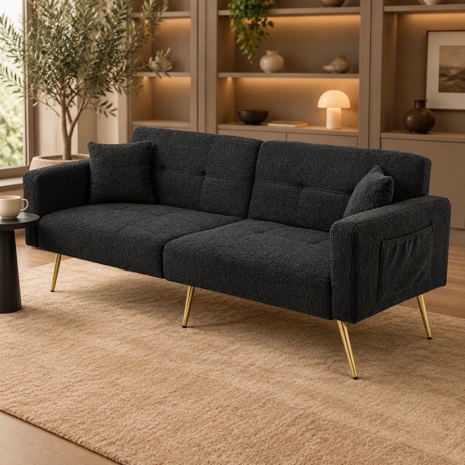 WUVRIE 2-zits slaapbank 175x64x72 cm - Verstelbare rugleuning, zijvakken en gouden poten - Antiekgrijs