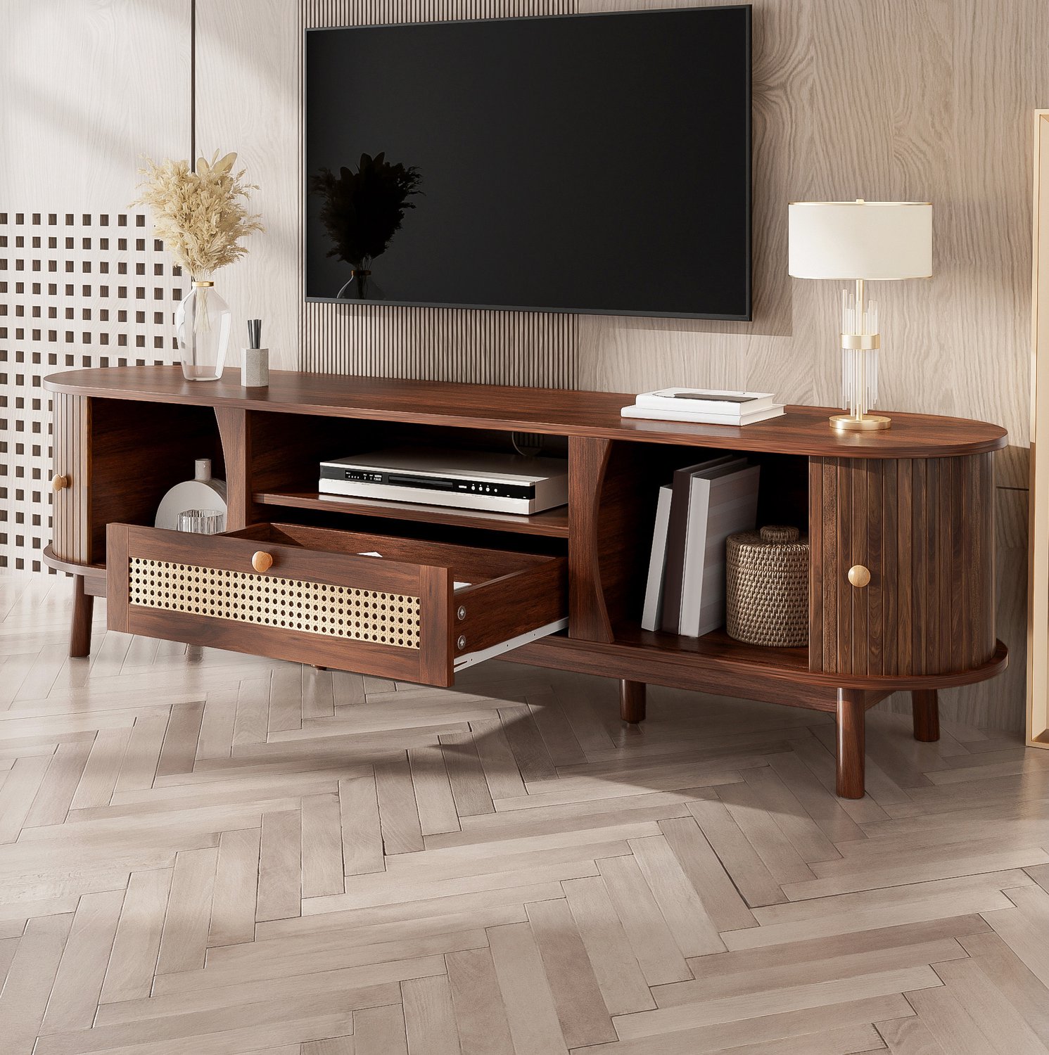 Maisentiel TV-meubel 165 cm met schuifdeuren en rattanladen - MDF - walnootkleur