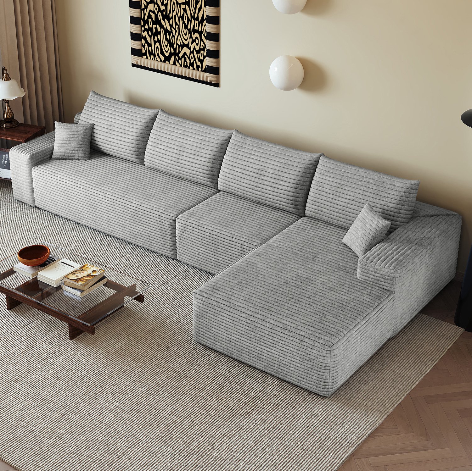 Wishdor Hoekbank 4-zits met chaise longue - Modulaire bank zonder gereedschap - Zachte diepe zitting - Modern design voor woonkamer en appartement - Corduroy stof - Grijs - 340 x 175 x 83 cm