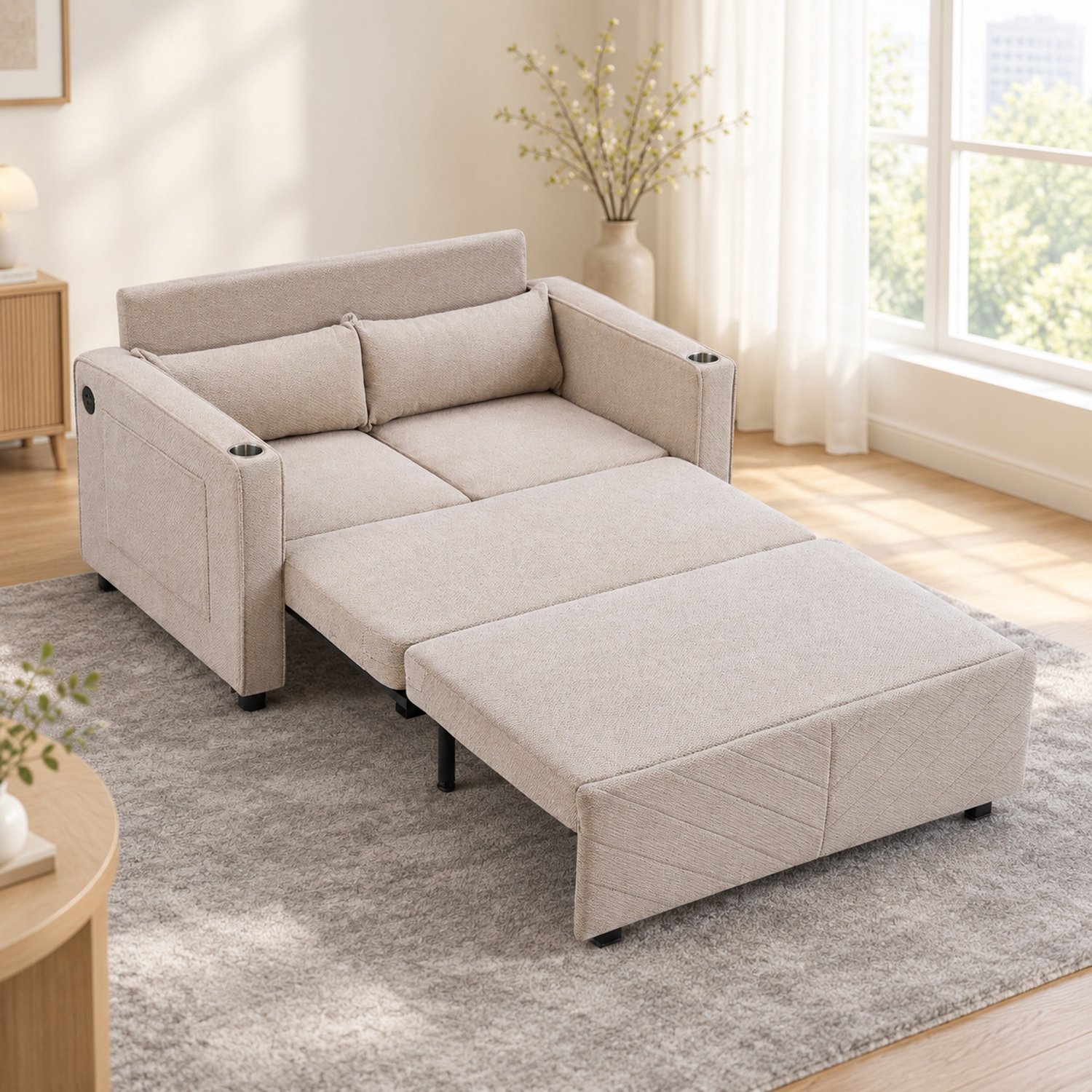WUVRIE 2-zits slaapbank 134x195 cm - Schuifbaar naar bed of rustligging met USB - Beige