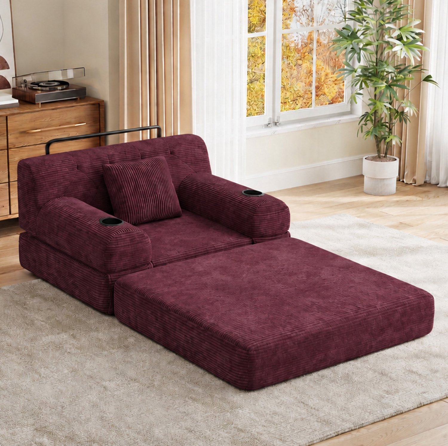 Wishdor 1-zits slaapbank - Hoge rugleuning en slaapfunctie - 4 zijvakken en 2 bekerhouders - Modern gecapitonneerd design - Woonkamer thuiskantoor - Ribfluweel - Wijnrood - 107 x 80 x 81 cm