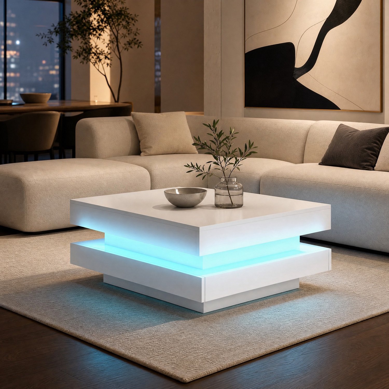 Vierkante salontafel 70 x 70 x 36 cm met Bluetooth-led, spaanplaat, wit