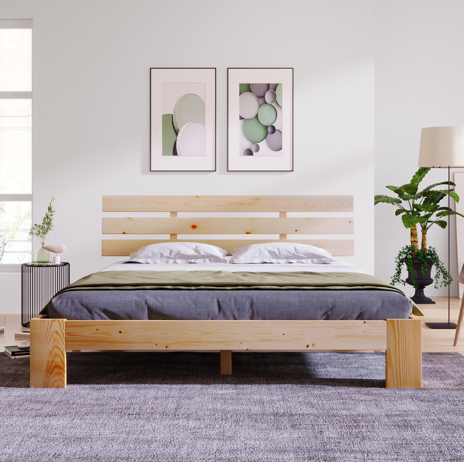 Houten Tweepersoonsbed 140 x 200 cm met Lattenbodem en Hoofdbord Naturel