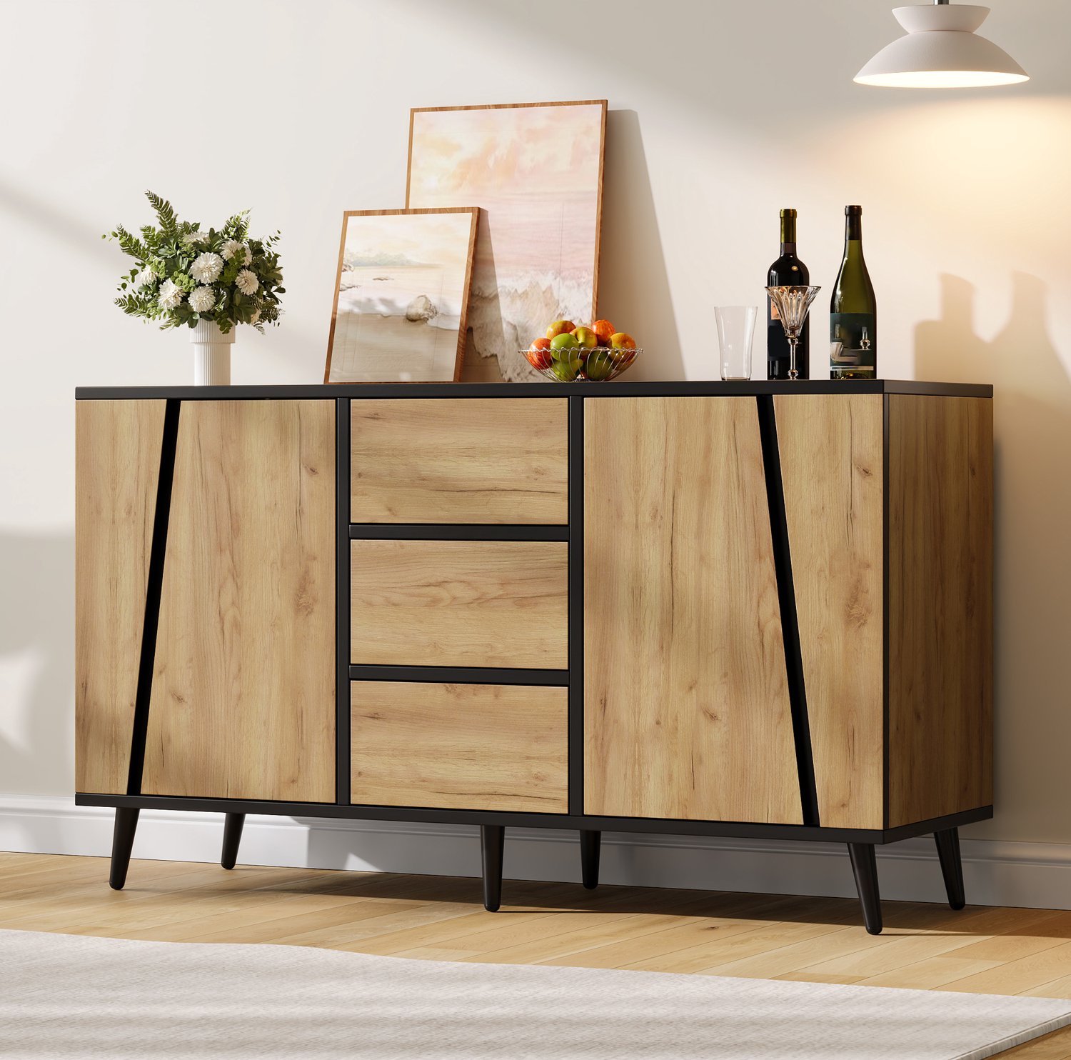 MODFU Dressoir - 2 Deuren, 3 Lades - MDF En Spaanplaat - Houtkleur Zwart - 120x40x70 Cm Naturel en zwart
