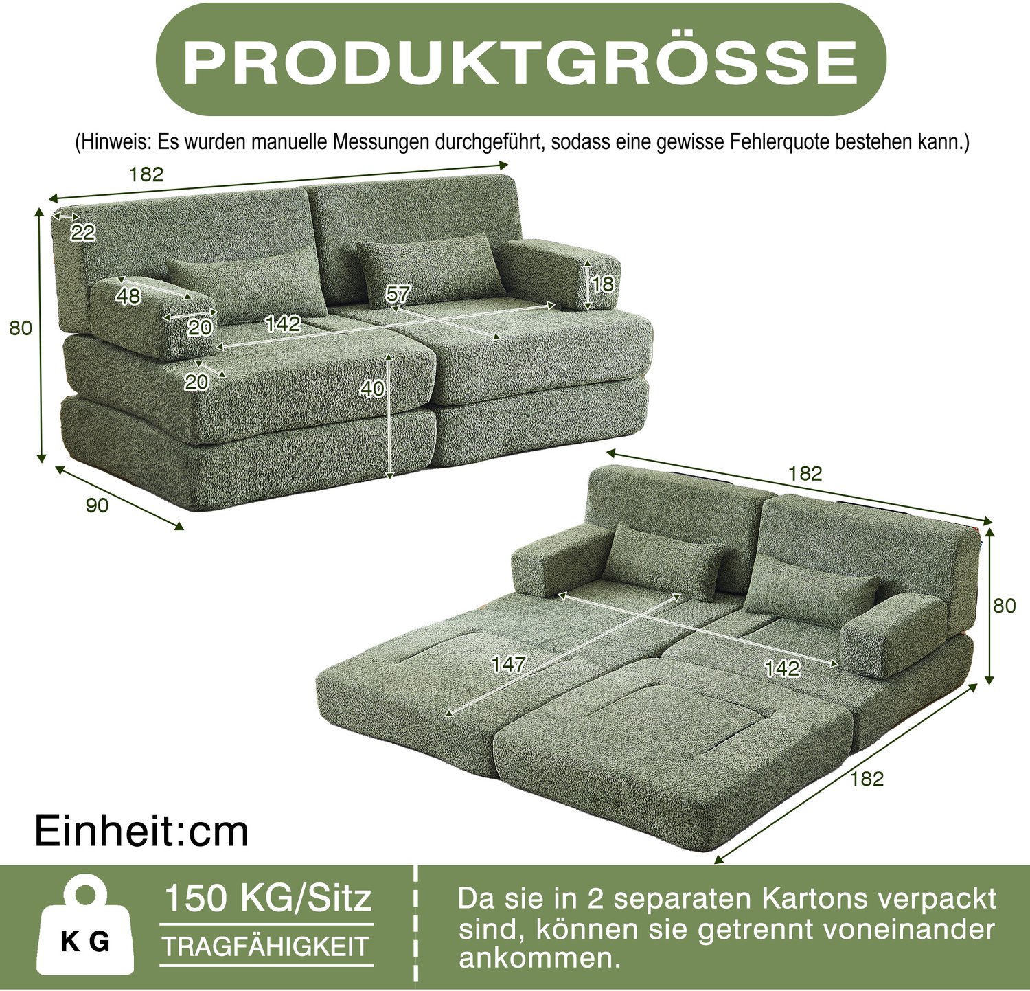 Wishdor Modulaire slaapbank - 2-in-1 ontwerp - Opvouwbaar logeerbed met hoge rugleuning - Chenille bekleding - Woonkamer slaapkamer kantoor - Groen