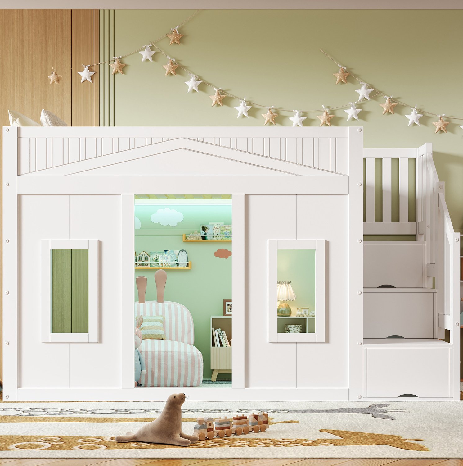 DESMIU Hoogslaper 90x200 cm - Kinderbed Met Opbergtrap En Raam - Ledverlichting - Lattenbodem - Zonder Matras - MDF En Hout - Wit