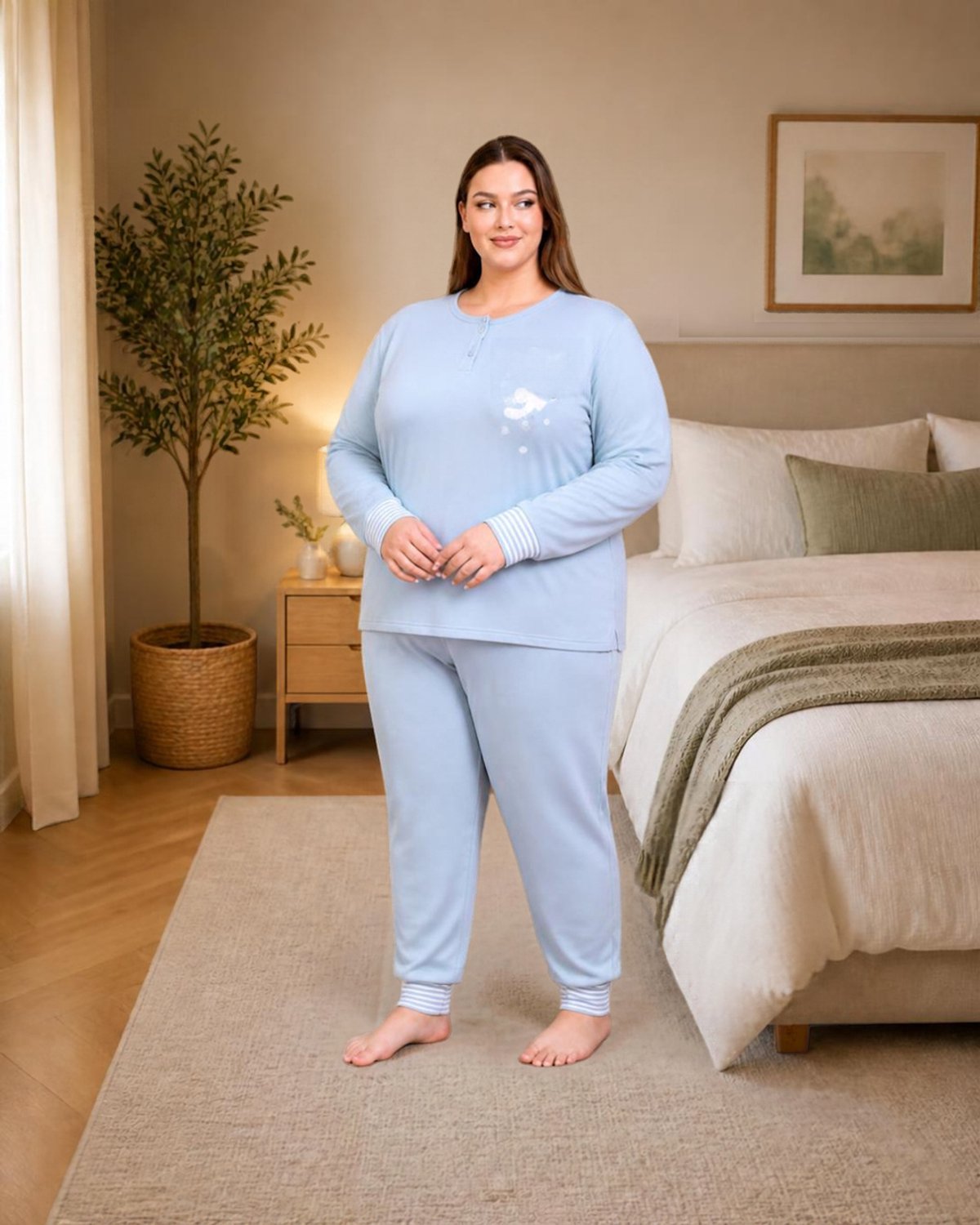 Dames winterpyjamaset – 52 - Superzachte pyjamaset - Met 2 knopen – applicatie geborduurd katje en tekst " Cutie" - effen broek - Oudroze, lichtblauw of mintgroen