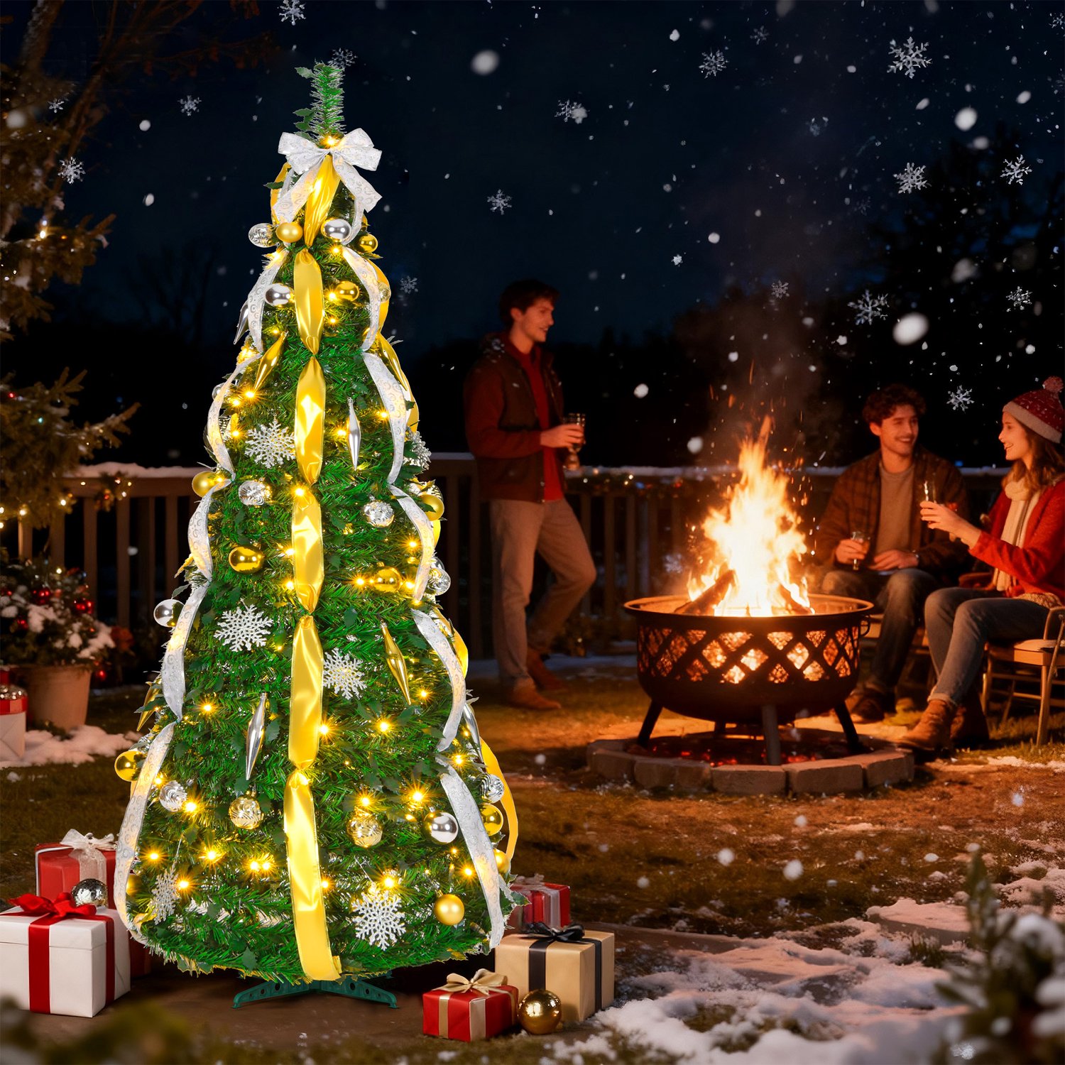 Pop-up Kerstboom 180 cm met 150 LED - 8 Lichtmodi - Goud & Zilver - Inclusief Kerstballen & Linten - Opvouwbaar - NAIZY – foto 6