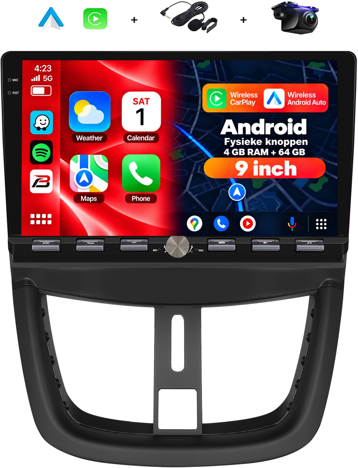 Boscer Android 15 Autoradio - Geschikt voor Peugeot 207 2006-2015 - 4+64GB - 9 inch HD IPS Touchscreen - Draadloze Apple CarPlay & Android Auto - GPS Navigatie - Bluetooth, USB & MP5 - Microfoon & AHD Achteruitrijcamera