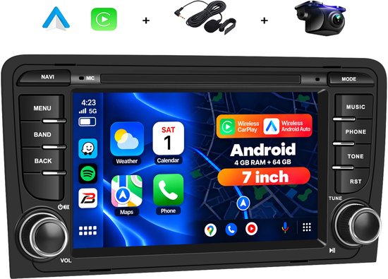 Boscer Android 15 Autoradio - Geschikt voor Audi A3, S3, RS3 (2003-2012) - 4+64GB - 7 inch HD IPS Touchscreen - Draadloze Apple CarPlay & Android Auto - GPS Navigatie - WIFI, Bluetooth, USB & MP5 - Microfoon & AHD Achteruitrijcamera - Nieuw