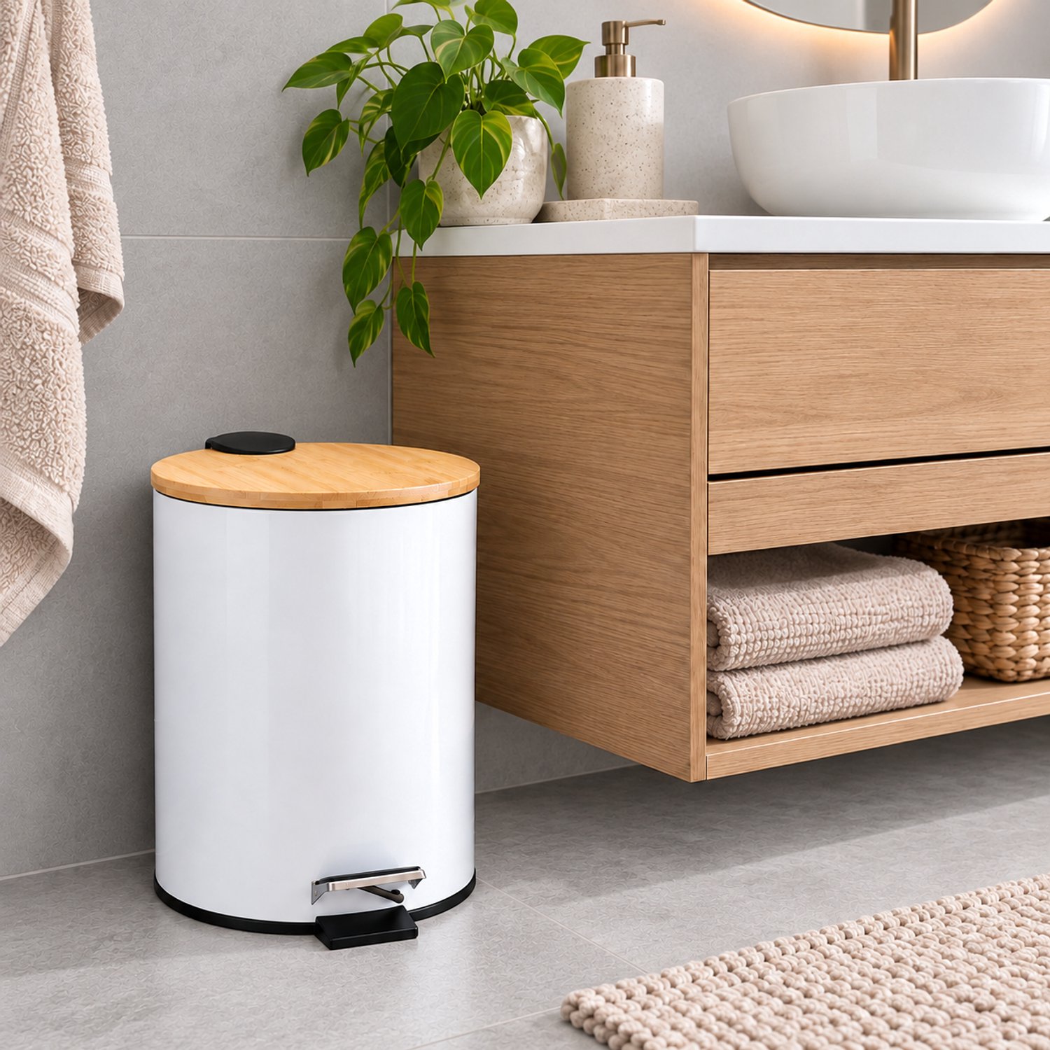 Pedaalemmer 5 Liter – Wit met Bamboe Deksel – Uitneembare Binnenemmer – Afvalemmer met Voetpedaal – Metaal - Ø 21 x 27 cm – Voor Badkamer en Toilet