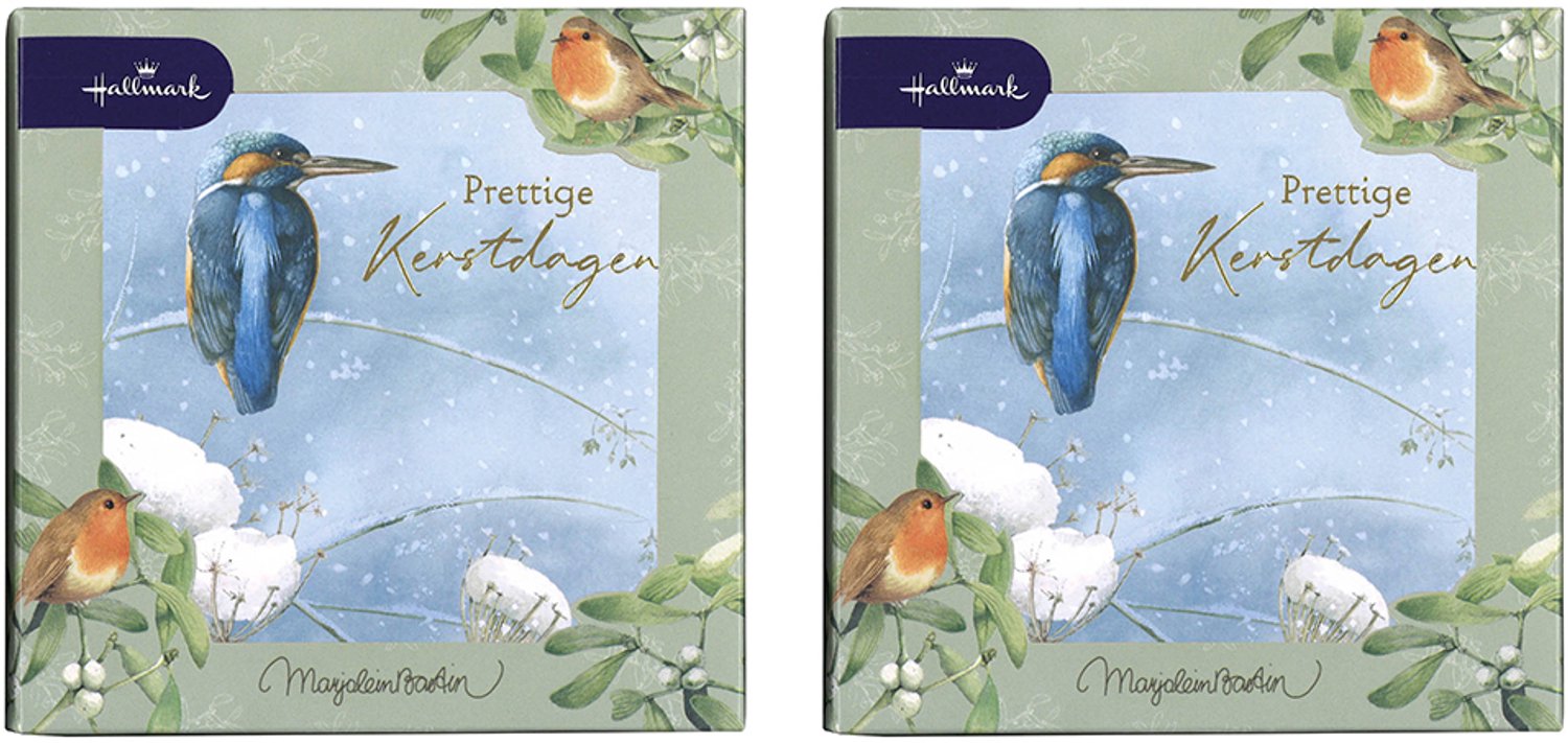 Hallmark - Marjolein Bastin - 16 Kerstkaarten - IJsvogel - Goudfolie - Vierkant - Kerst - Nieuwjaar - 13 x 13 cm