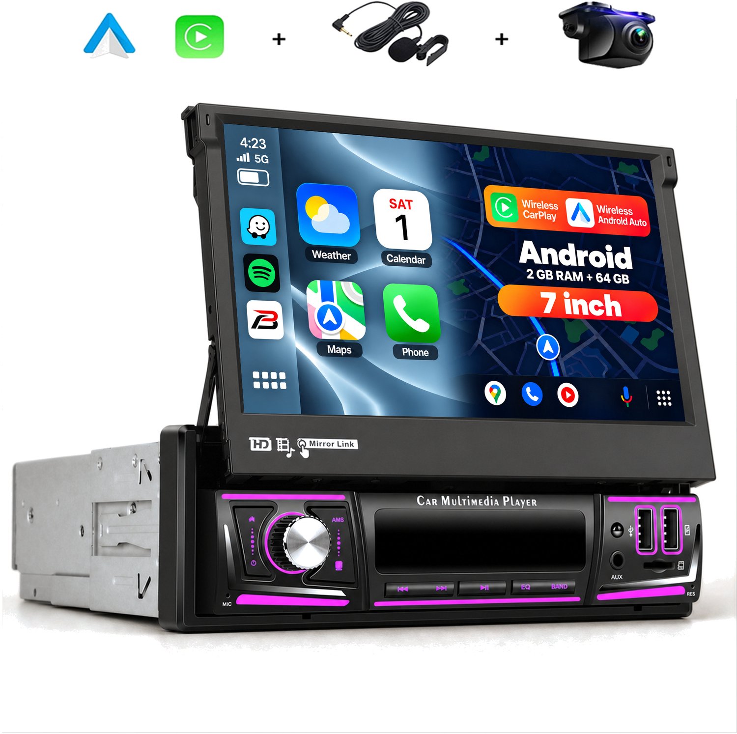 Boscer 1Din Autoradio - Android 15 - Apple Carplay & Android Auto (Draadloos) - 2+64GB - 7 Inch IPS HD Handmatig Klapscherm - Navigatiesysteem - Bluetooth, Aux, USB, SD & MP5 - GPS - WIFI - Achteruitrijcamera & Microfoon